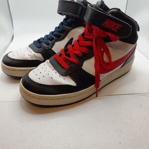 Nike Kids High-Top Sneakers in White, Black and Red with Blue Lace Accent